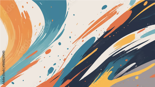 Vector illustration of an abstract grunge background featuring colorful rainbow waves and artistic paint swirls with circles and orange curved lines for a summer party celebration banner design