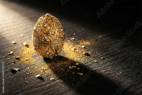 Artistic golden egg object on dark textured background