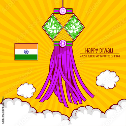 Diwali festival pop art illustration of Akash Kandil lantern in comic style, traditional hanging lamps for India tourism advertising, cultural holiday promotion, and simple hand drawn design