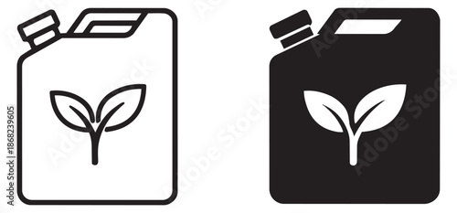 Outline and glyph style eco fuel icon set featuring a jerrycan with a plant sprout for sustainable energy concepts