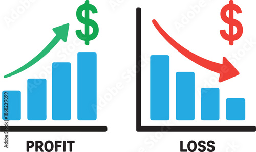Financial profit and loss graph with green up arrow and red down arrow showing trading and crisis