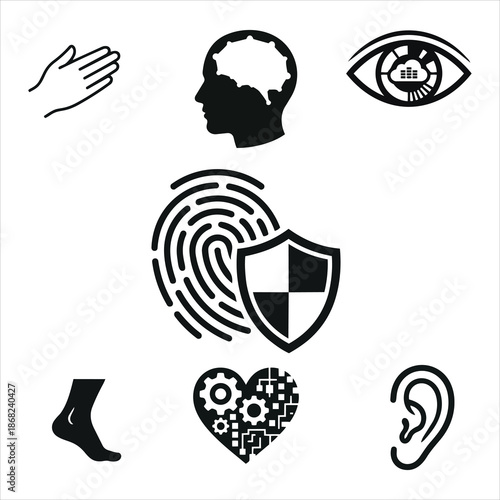 Digital Identity and Biometric Security Icon Set – Fingerprint Shield, Human Senses, Brain and Technology Heart