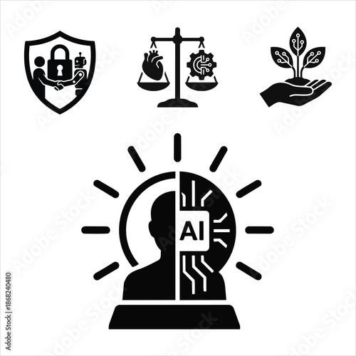 Ethical AI and Responsible Technology Icon Set – Human Values, Security, Sustainability and Artificial Intelligence.