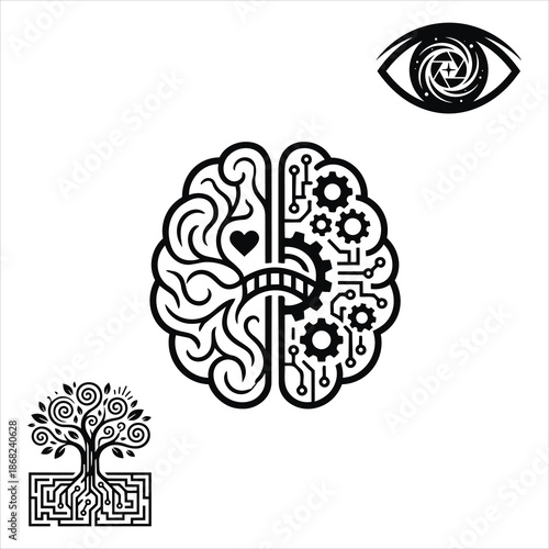 Human Brain and Artificial Intelligence Icon Set – Emotional vs Logical Mind, Tech Tree and Vision.