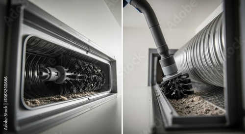 Action footage of a rotary brush cleaning both horizontal and vertical dryer vent sections showing adaptability to various duct configurations.