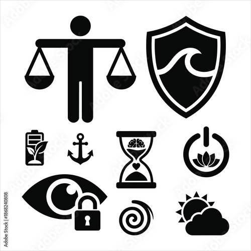 Mindfulness Balance and Wellbeing Icon Set – Mental Health, Protection, Growth, Focus and Relaxation.