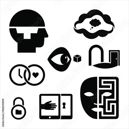Mindset and Personal Growth Icon Set – Thinking Head, Vision, Time and Heart Balance, Identity and Privacy