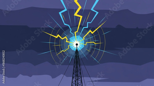 Radio tower emitting lightning bolts and energy waves symbolizing communication and power transmission against a stormy night sky