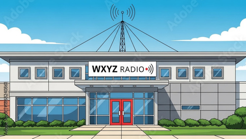 Modern radio station building with WXYZ RADIO sign and broadcast tower illustration for media and communication concepts exterior view on a sunny day