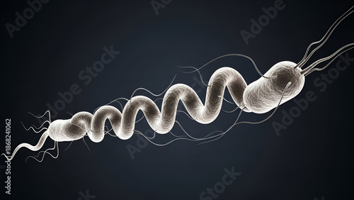 Microscopic vision of a pathogenic bacteria causing cholerae disease featuring spiral shape and