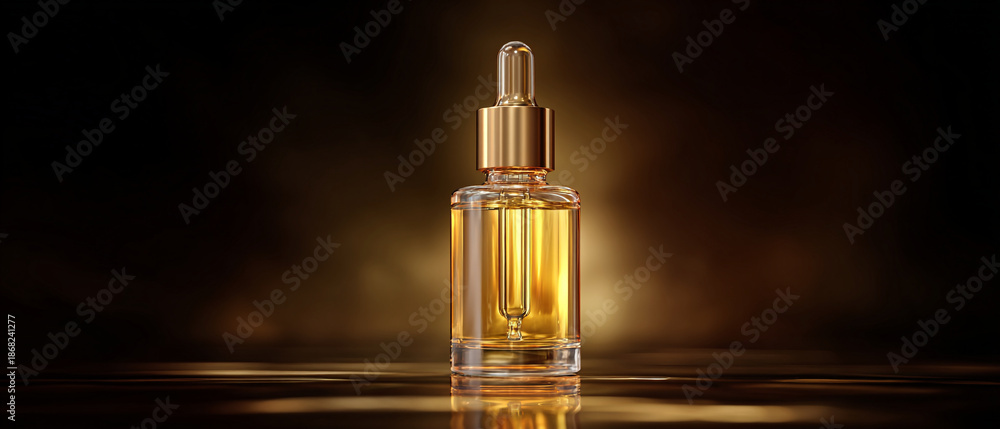 Naklejka premium Skincare oil serum bottle with glass dropper on dark golden background