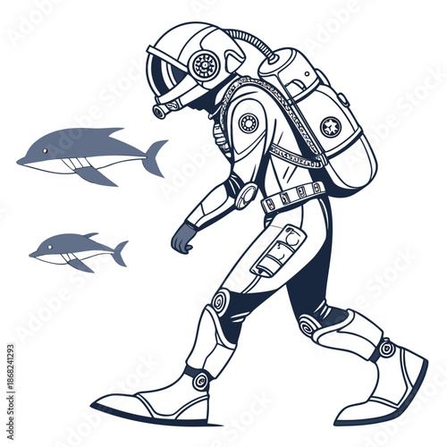 Futuristic marine robotic exosuit for underwater industrial workers, advanced bionic diving suit for deep sea exploration and maintenance, vector illustration.