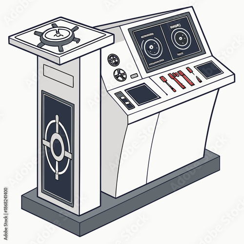 Futuristic maritime VR training simulator for ship crew and pilot education, immersive virtual reality hardware setup, vector design.