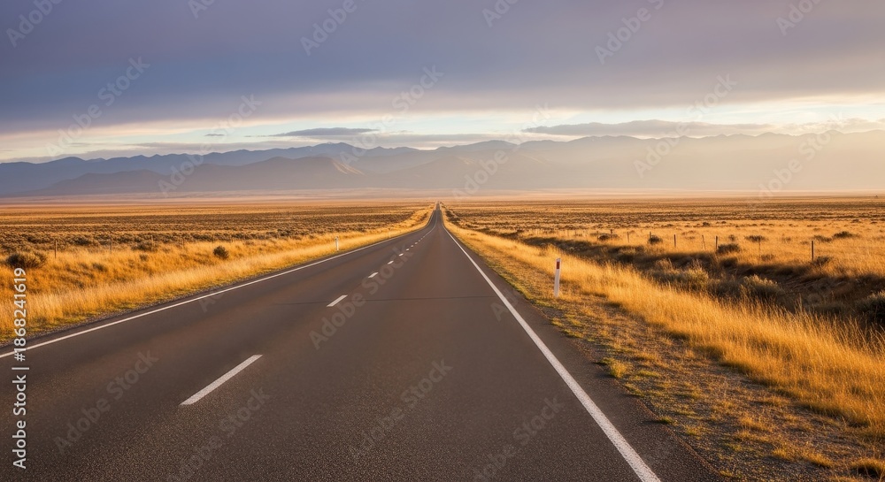 Fototapeta premium A Long and Empty Asphalt Road Extending to the Distant Horizon Under a Vast, Open Sky