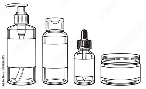 Line art cosmetic packaging set featuring pump, flip top, dropper, and jar containers for skincare and beauty branding