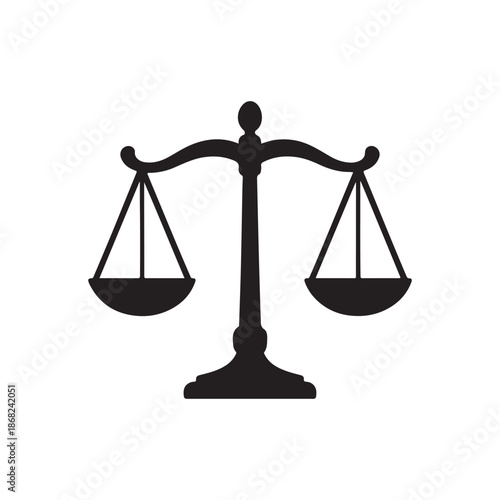 A golden 3d metal scale of justice symbol representing law and equality stands as a brass measurement of legal weight for a judge or lawyer in court silhouette