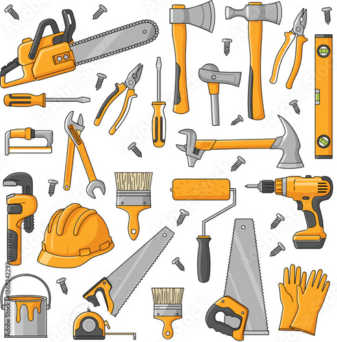 Collection of professional construction hand tools and power equipment icons including chainsaw drill hammer saw helmet and paintbrush vector set for industrial 