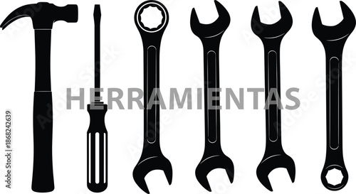 Professional black silhouette tool set including hammer screwdriver and wrenches for construction repair maintenance hardware and industrial workshop projects isolated on white background