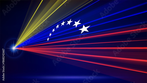 Flag of venezuela. Venezuelan abstract flag. Laser show. Spotlight on dark blue background. Multicolor template of banner, poster for political news from venezuela. Place for text. Copy space. Vector
