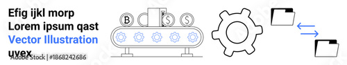 Workflow automation, data transfer, money operations, digital processes, system optimization, industrial technology. Conveyor belt with currency, gear element and file icons. Workflow automation
