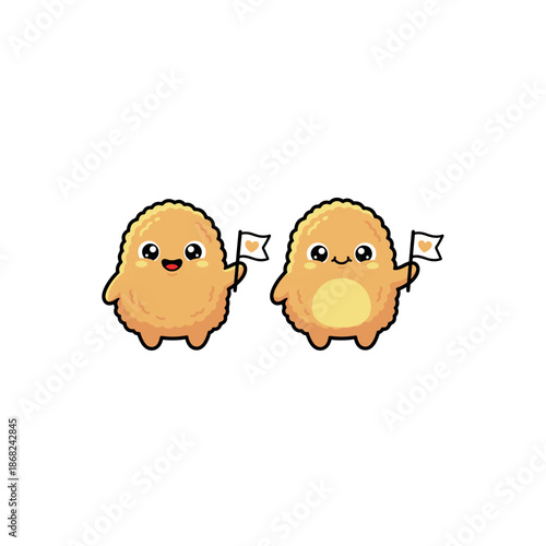 Two adorable cartoon fried chicken nugget characters with chubby bodies and happy faces, holding small white flags with heart symbols.