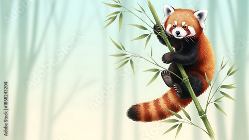Red Panda Climbing Bamboo – Airy Watercolor on Mint to Cream Gradient with Copy Space for World Wildlife Day Conservation