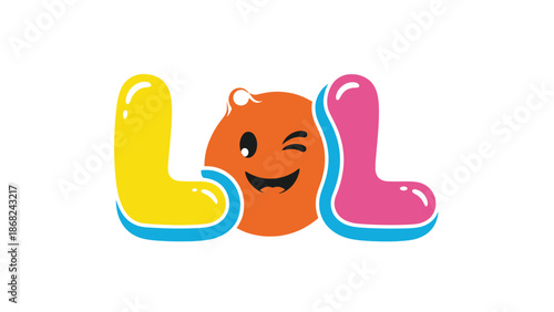 Cartoon style "LOL" with winking smiley face between the L's. Color blocks and outline