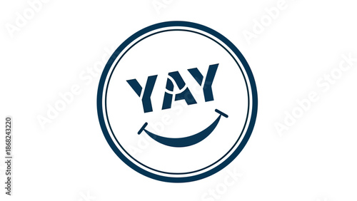 A navy blue, circular emblem on a white background, featuring the word "YAY" and a smiling face