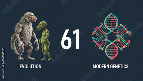 Evolutionary concept with ape-like creature and dinosaur next to modern genetics DNA symbol representing scientific progress and biology