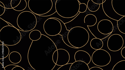 Abstract golden circles interconnected on a black backdrop, creating a dynamic, modern pattern