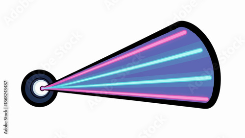 Abstract glowing beams of pink and cyan light emanating from a dark circular source