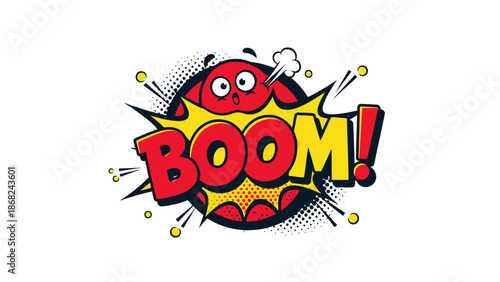 Comic-style graphic saying "BOOM!" features a shocked character and burst effect