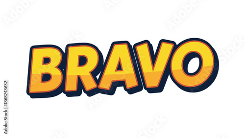 Bold "BRAVO" text, yellow letters with orange highlights and dark blue shadow on white