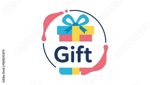 Colorful gift box icon surrounded by a dark blue circle with "Gift" written below