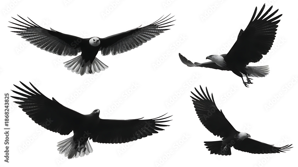 Fototapeta premium four black and white eagles flying in different directions transparent background