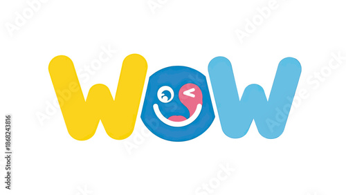 A colorful "WOW" design features the word with a winking face emoji for the "O