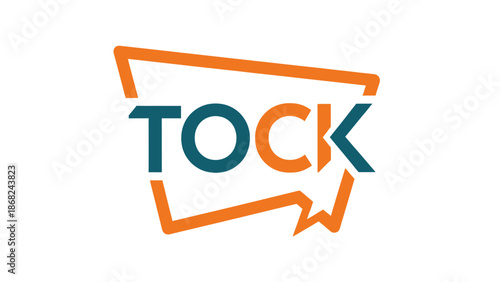 A geometric logo. Text in various colors enclosed by an orange outline that resembles a speech bubble