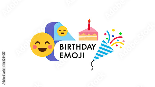 A festive graphic with emojis, cake, party popper, and text "BIRTHDAY EMOJI" on white