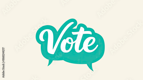 A white "Vote" word in a green speech bubble, on a beige background