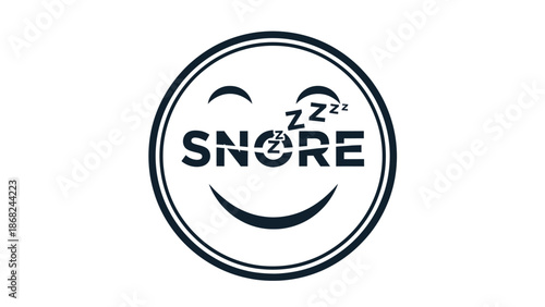 An illustration depicting a stylized smiley face within a circle, with the word "SNORE