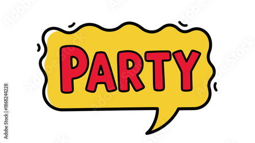 Cartoon speech bubble saying "PARTY" in bold red letters on a yellow background