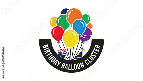 Colorful balloon cluster over a black arch with birthday text and symbols