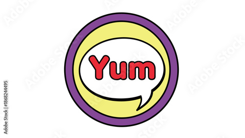 A colorful circular graphic of a speech bubble inside a circle, with the word "Yum" inside
