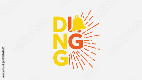 Colorful "DING" typography with a bell and radiating lines on a white background
