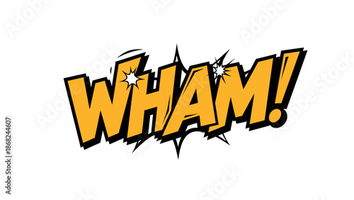 A bold, stylized "WHAM!" comic book sound effect in yellow and black on a white background