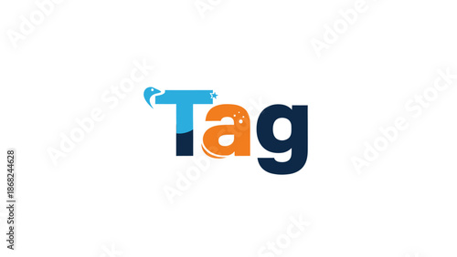 A blue and orange stylized "Tag" logo with bird, star and dots on white