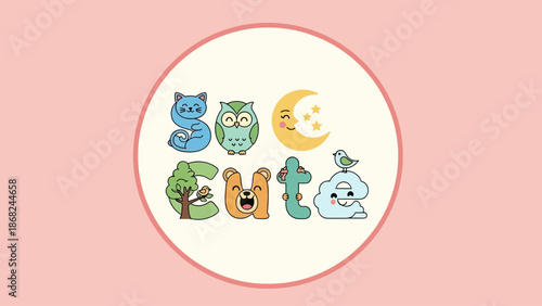 So Cute" text in a circle with animal/nature-themed letter illustrations on a pink background