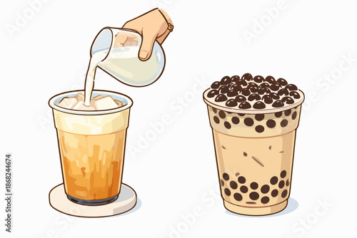 Fresh and cold bubble tea prepared by pouring milk into the glass.