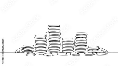 A single line continuous art vector illustration of stacks of coins representing wealth and investment growth