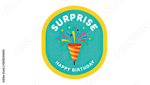 A circular illustration of a birthday surprise popper with text "SURPRISE HAPPY BIRTHDAY